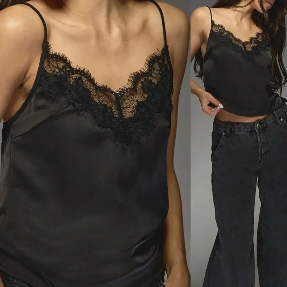Missguided Black Satin Lace Trim Cami Top Spaghetti Strap slip top Women’s 4